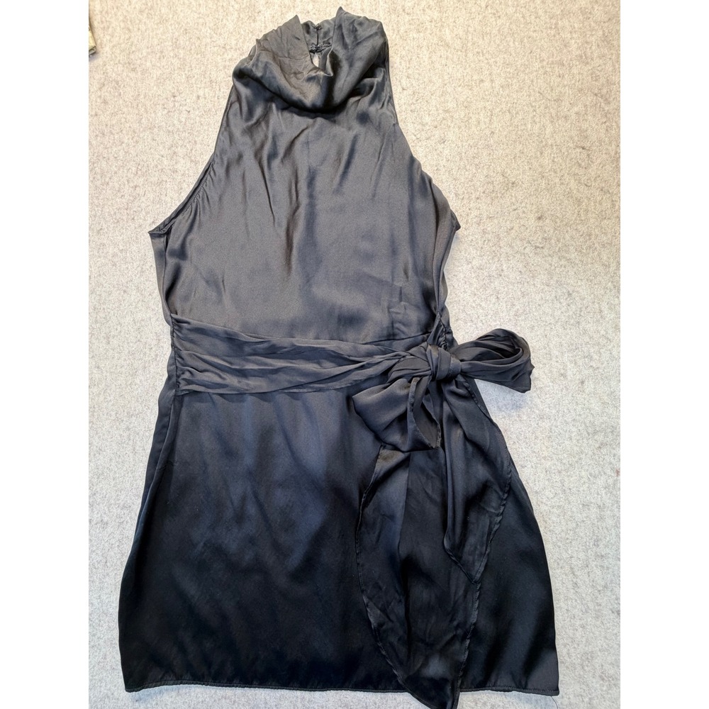 Amanda Uprichard Halter Dress Women XL Black 100% Silk Cowl Neck Side Tie Bow